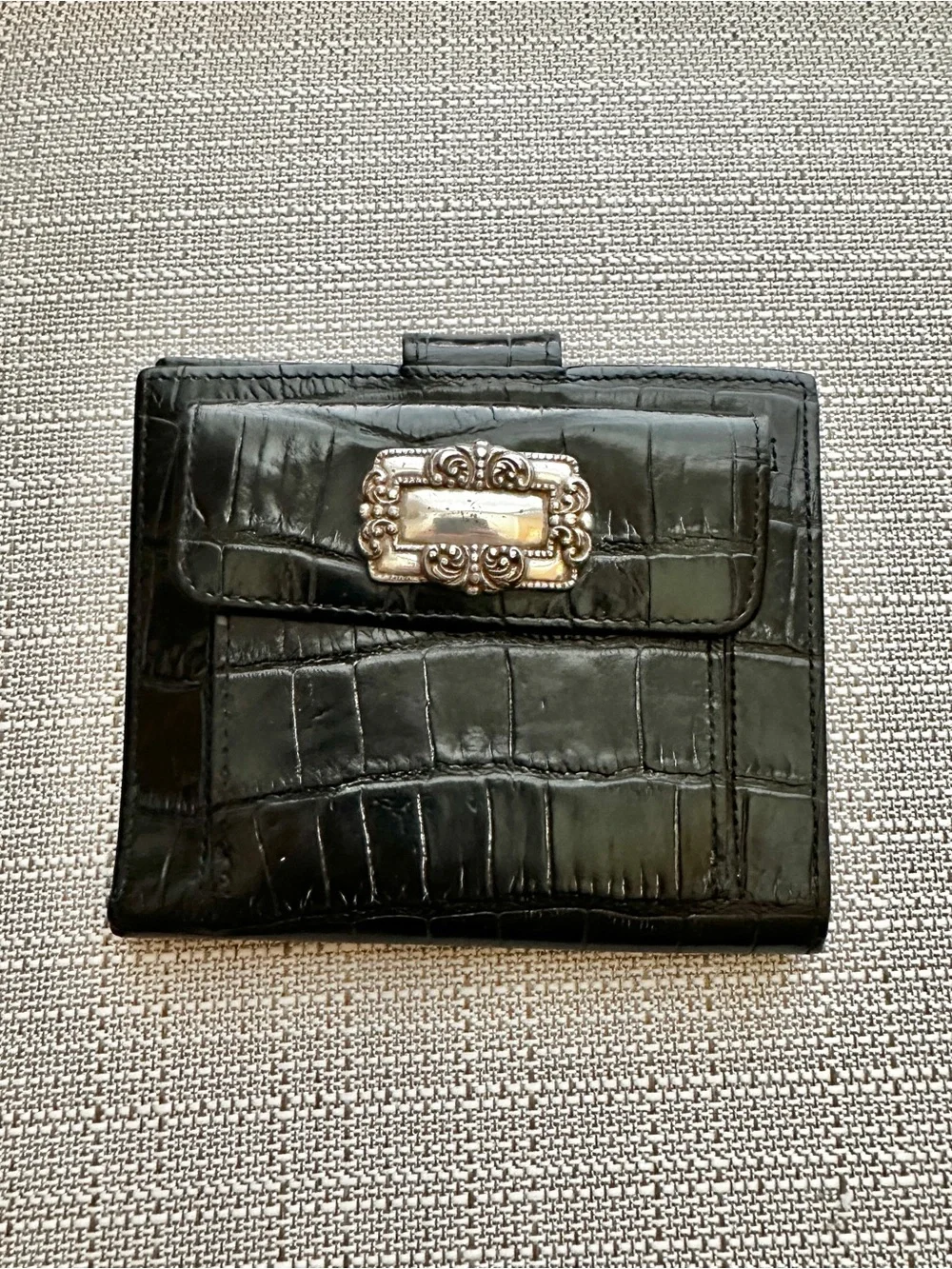 Black Croc-Embossed Wallet with Decorative Silver Plate